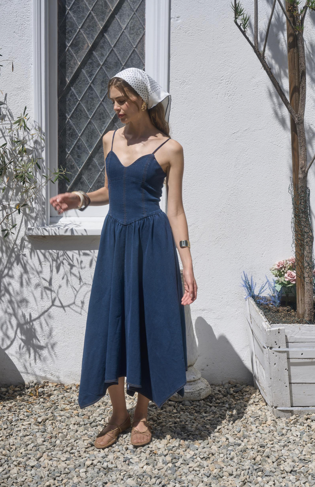 Adjustable Spaghetti Srap Denim Midi Dress