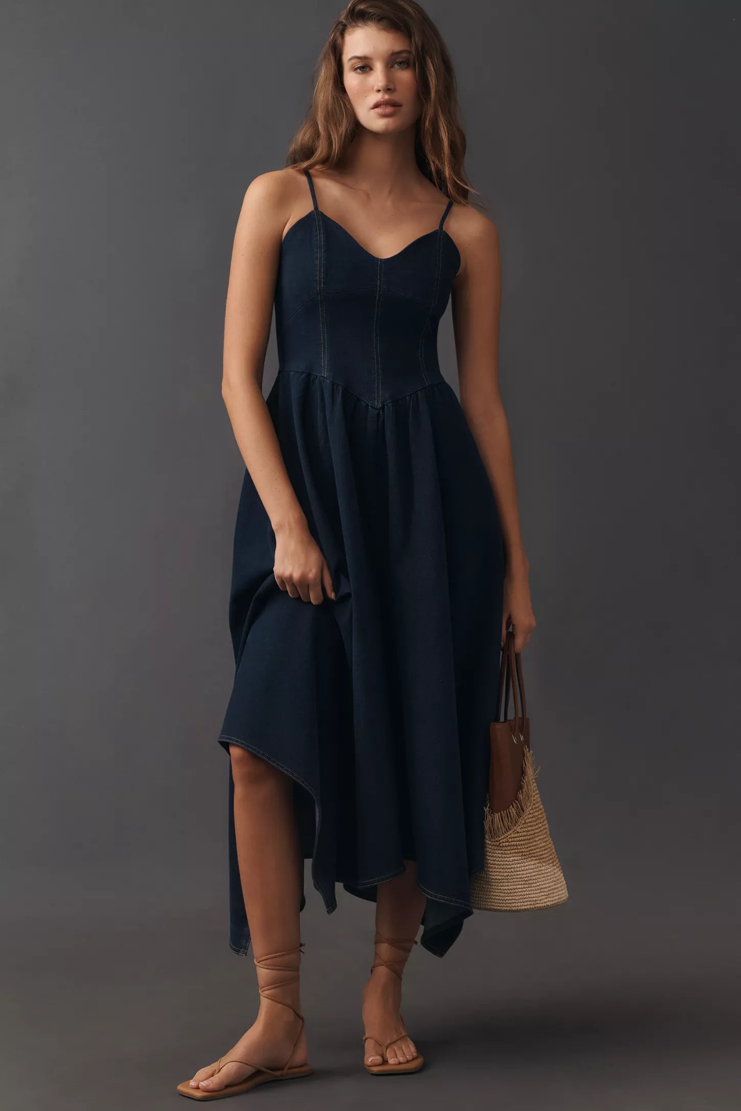 Adjustable Spaghetti Srap Denim Midi Dress