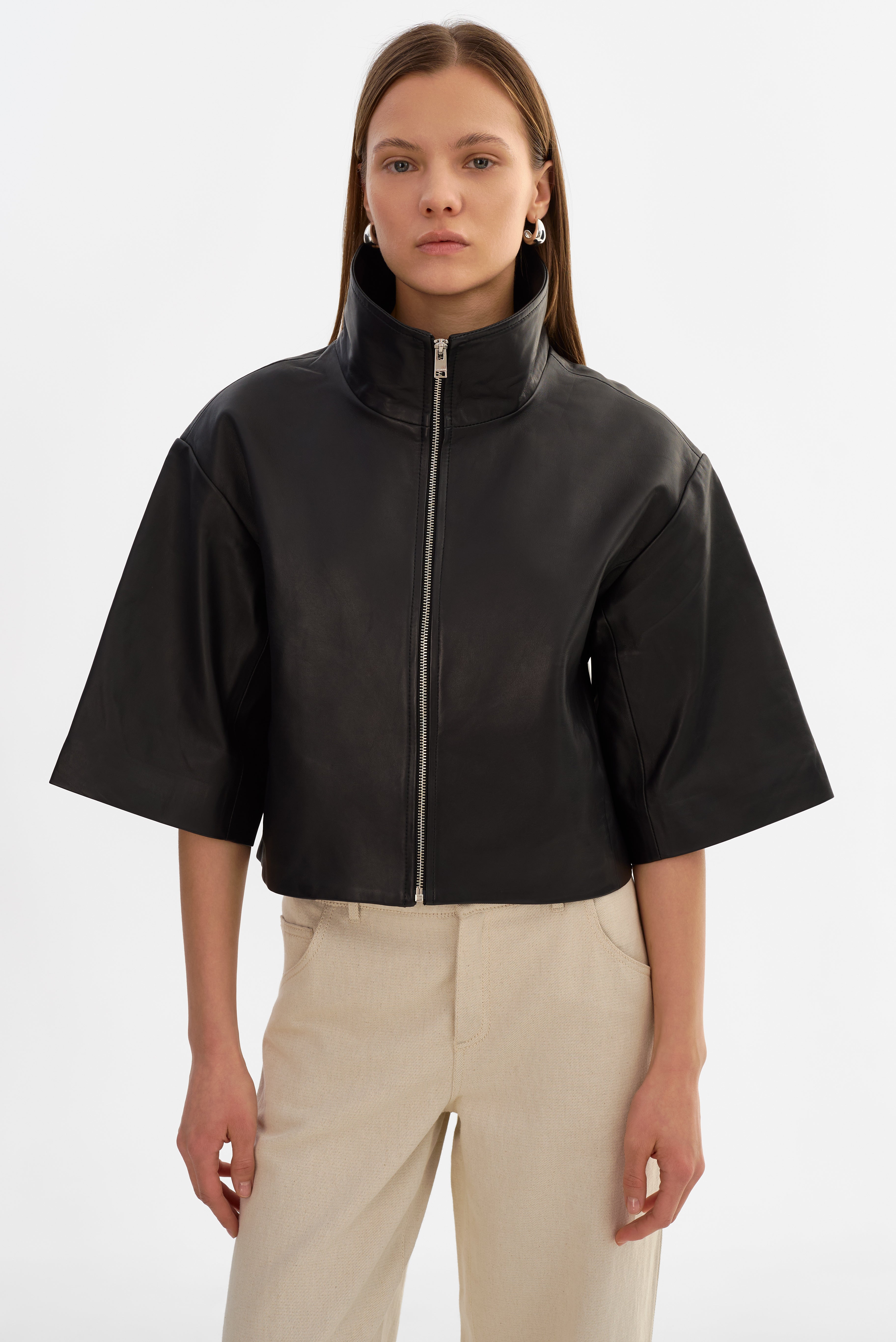Elin Leather Funnel Neck Jacket