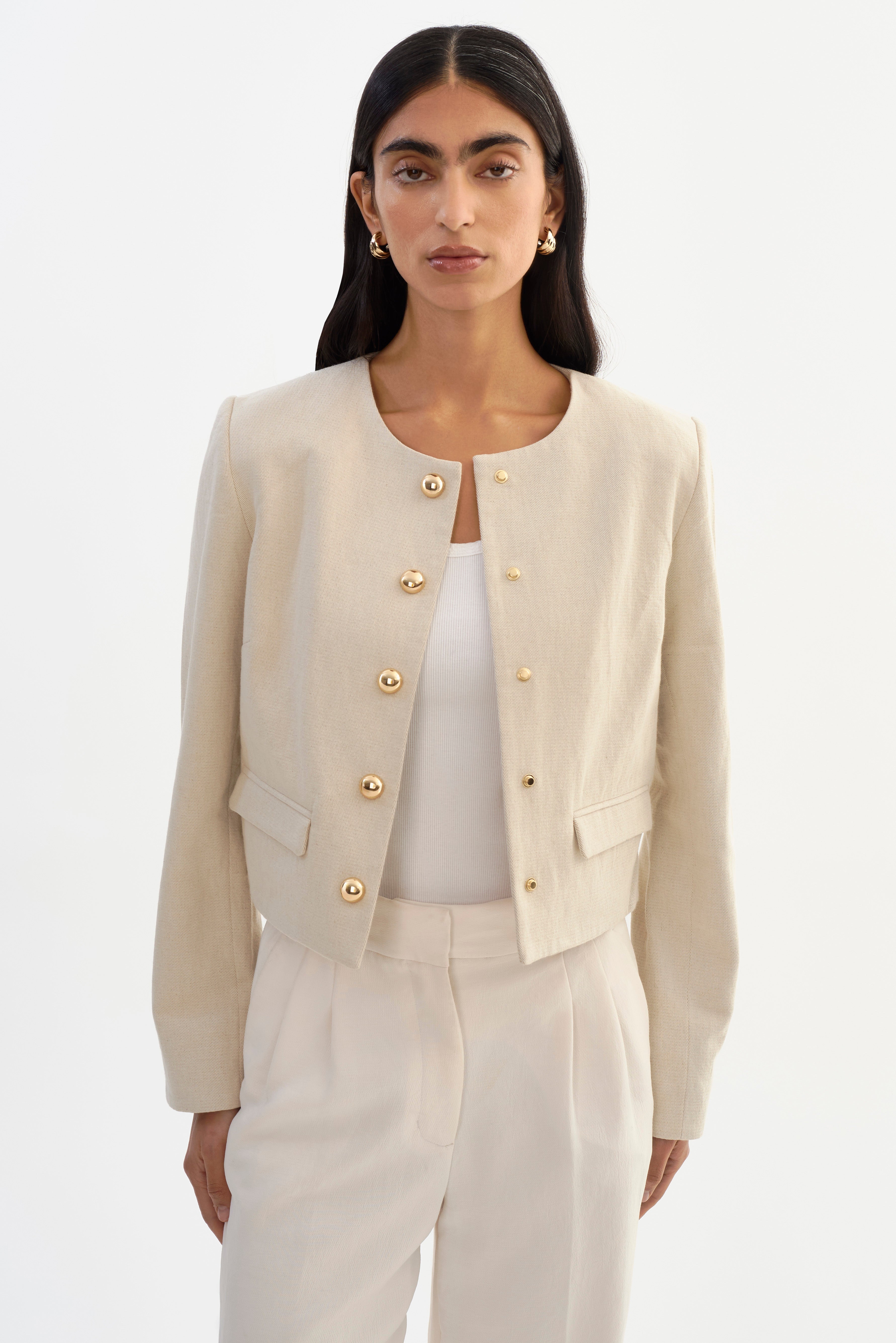 Francina Collarless Linen Blend Twill Jacket