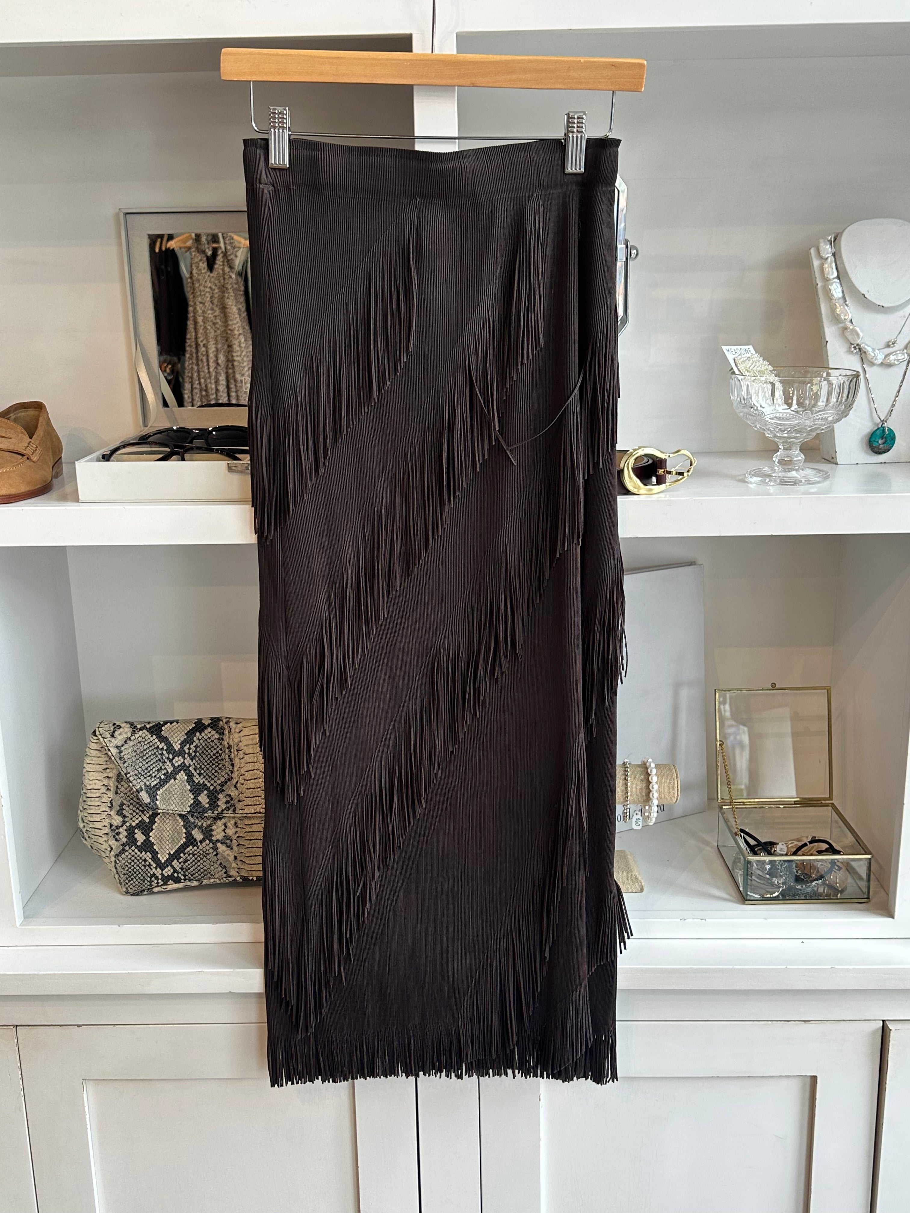 Plisse Pencil Skirt with Bias Fringe