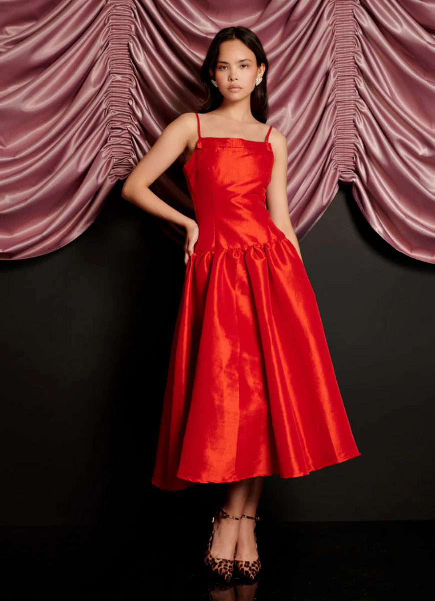 red taffeta dress Liana A-Line Off The Shoulder Prom With Puffy Sleeves Red / 10 100% polyester Shoulder to floor Strapless draped taffeta gown with