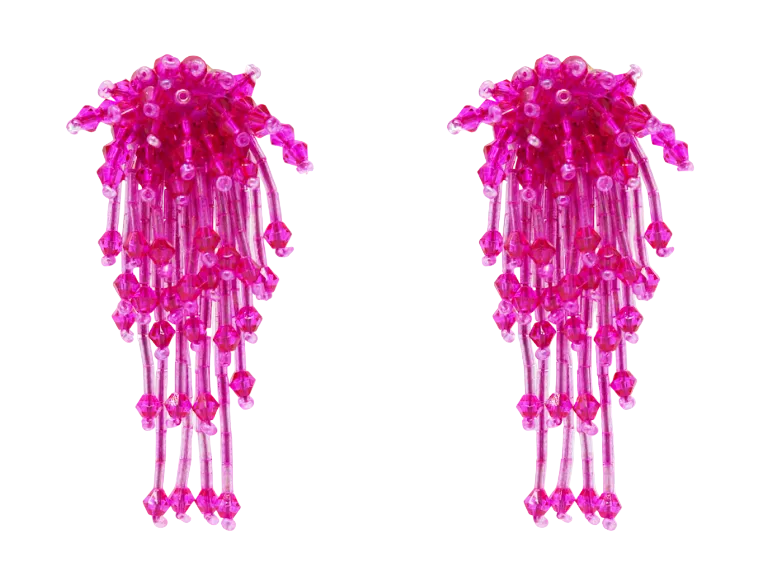 Pair of pink earrings with dangling design on a transparent background